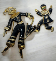 Vintage Rhinestone & Black Enamel Brooches Articulated Clown & Jester with Parasol