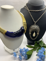 Vintage Signed PARK LANE Intigo Blue Lucite Choker Bib Collar & PARKLANE 36&rsquo;&rsquo; Rope Chain Statement Faux Pearl Pendant