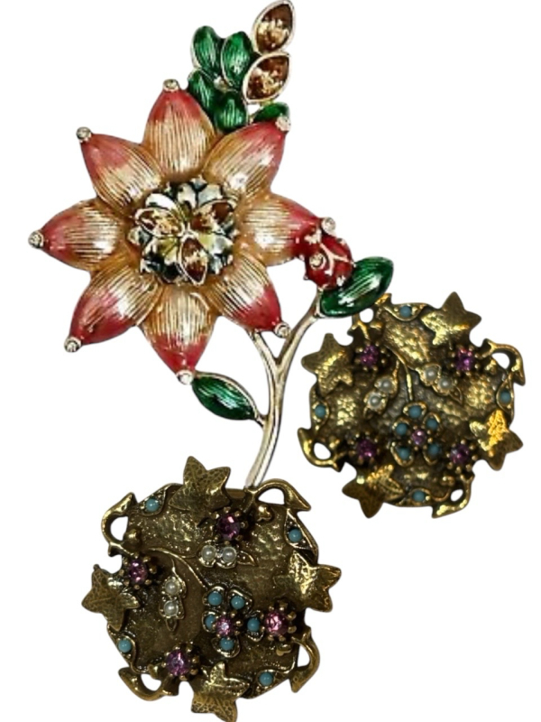 Vintage Monet Signed Ladybug Enamel Rhinestone Brooch Unsigned ART or Florenza Turquoise faux Pearl Earrings