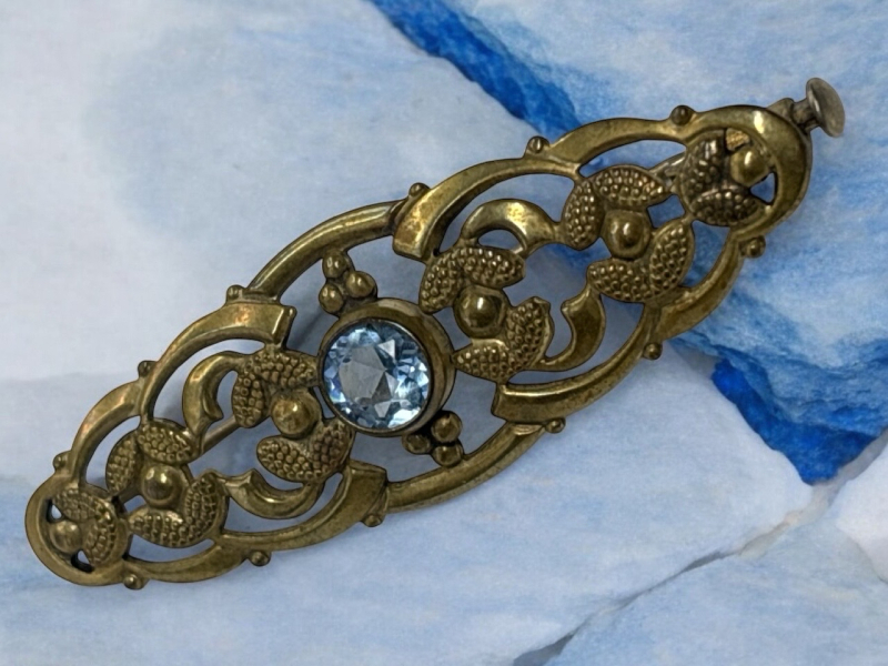Antique Art Deco Silver Gilt Aquamarine Brooch