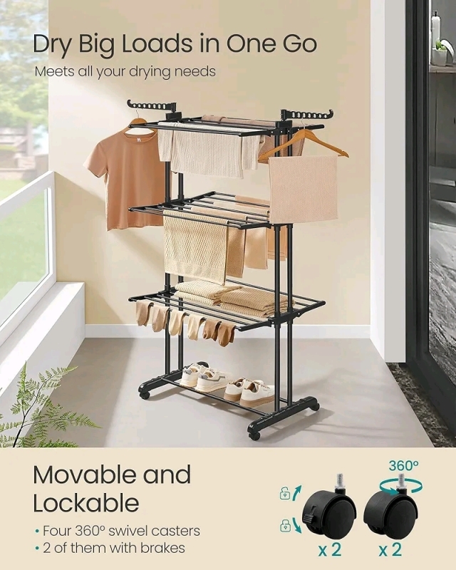 New SONGMICS Clothes Drying Rack Stand 4-Tier, Foldable Laundry Drying Rack 68.1" Tall, Stainless Steel, Rolling Clothes Dryer Rack, Easy to Assemble - Black ULLR701B01 Retails for $169
