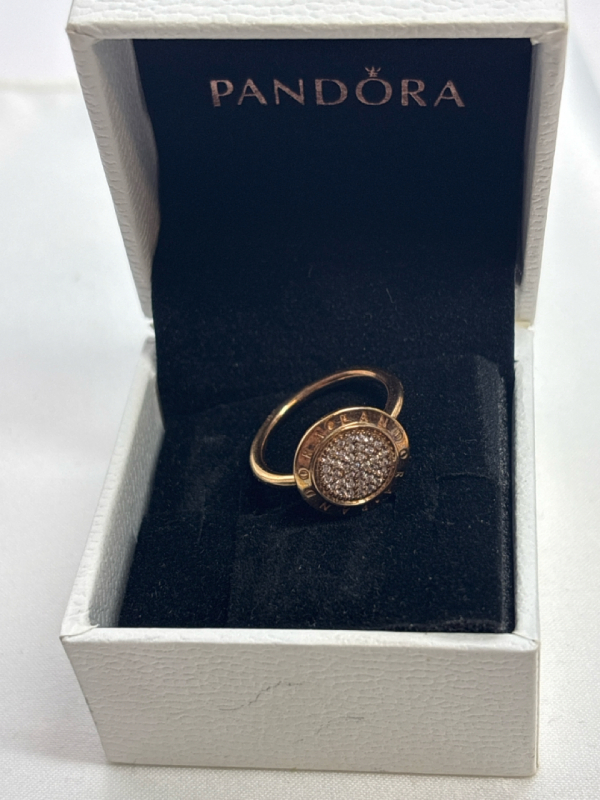 Pandora Rose Gold Large Pave Signature Circle Ring ALE R 52 Size 6 Hinged Logo Box