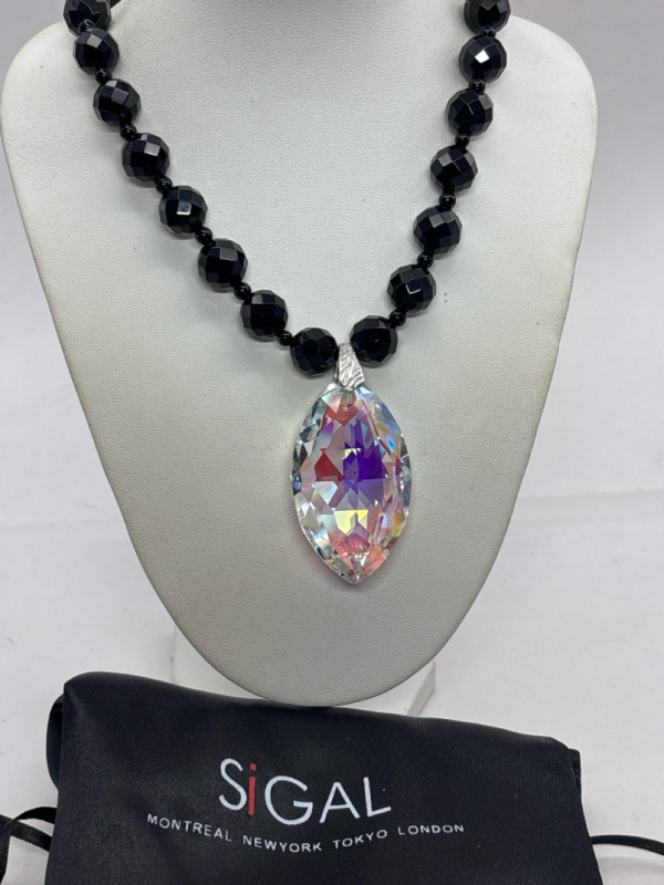 David Sigal Designer Signed Sterling Vintage Faceted Black Onyx Beaded Necklace Large AB Faceted Crystal