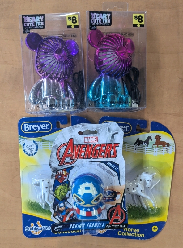 New: Kids Toy Lot - 2 Rechargeable Desk Fans - 1 Avengers Squish Foamies - 2 Horses