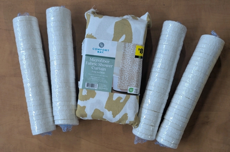 New Bathroom Lot - 4 Containers of Rolls of Soap - Microfiber Bathroom Shower Curtain