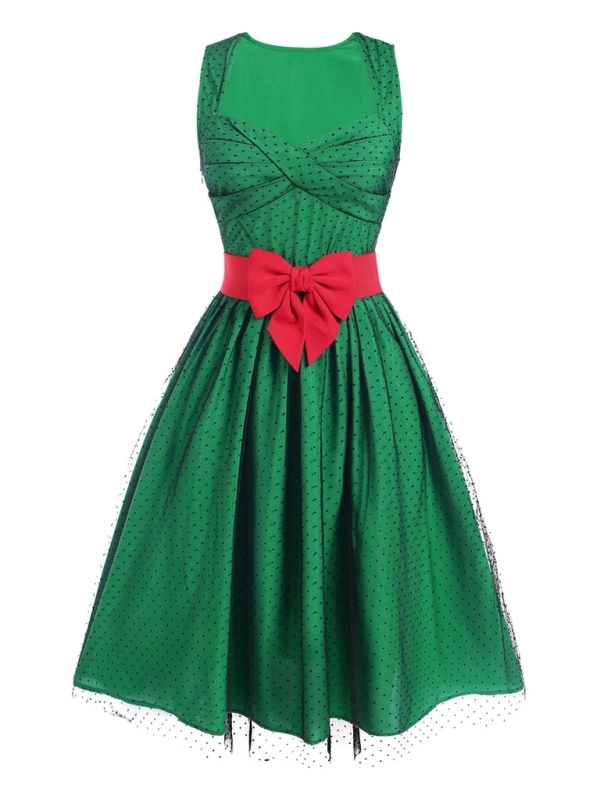 New Size 12-14 | Retro Stage Green 1950s Polka Dot Mesh Patchwork Dress