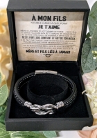 New Samuel Silver Tone Infinity Knot & PU Leather Bracelet with Case & Removable French "From Mother to Son" Card in Back • 0.5" Wide x 2.8" x 2.5"