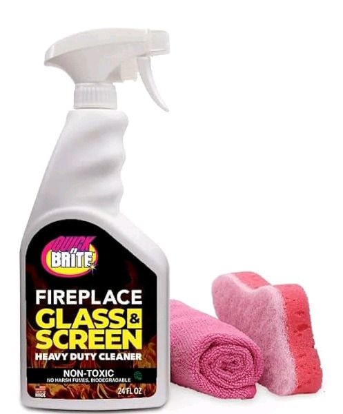 New | Quick N Brite Fireplace Glass Cleaner | Comes w/ Sponge and Microfiber Towel | 24Oz