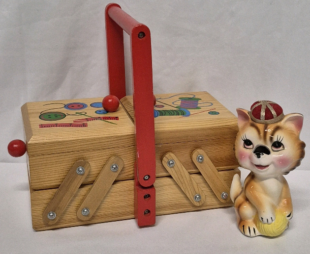 Vintage Sewing Box & 1950's Ceramic Cat Tape Measure with Pin Cushion Hat Japan