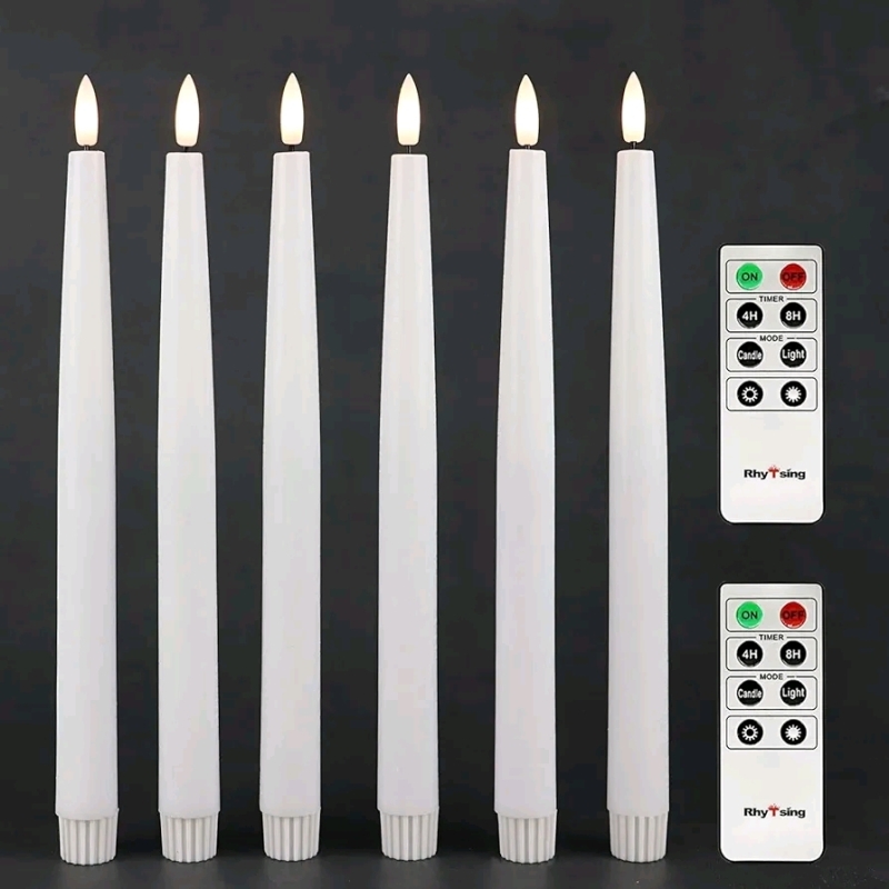 6 New Rhytsing 11.4" White Flameless Taper Candles with Timer, Battery Operated Dinner Table Long Candlestick Rustic Wax, Warm White LED, 2 Remotes Included