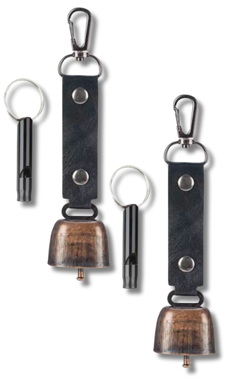 2 New Metal BEAR BELLS & Alarm Whistles : Protect Yourself When Out and About! Bells 5" Long