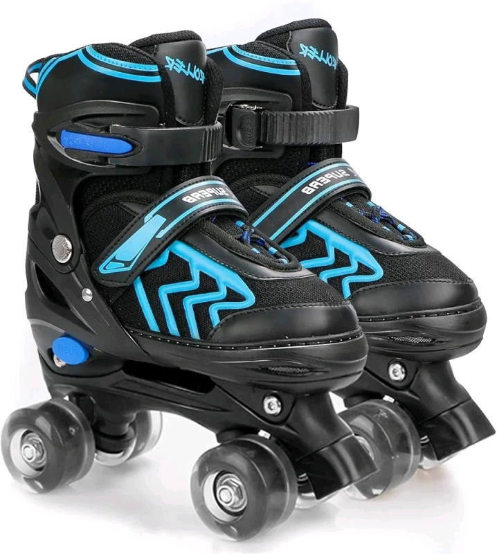 New Power Superb Kids Roller Skates with Light Up Wheels (Black/Blue) Sz Med Adjustable up to 4 sizes US 1-4