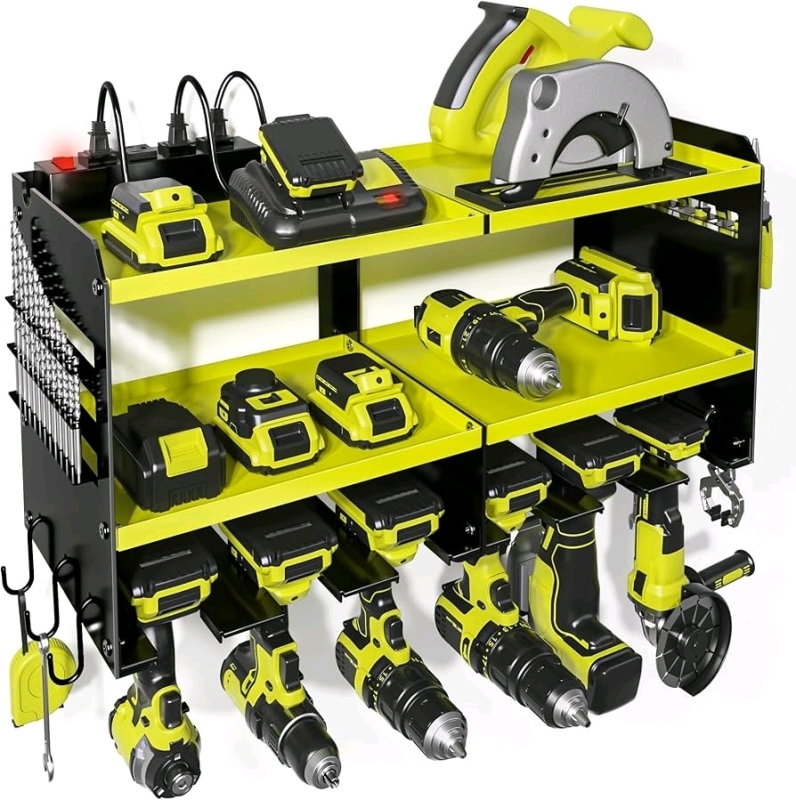 New Power Tool Organizer. Max 150lb. 6 Slots for Cordless Drill with 4 Outlet Power Strip. Retails for $139 11" by 24.5" by 11"