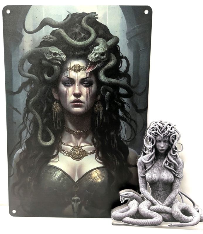 New Dark Fantasy Medusa Metal Decor Sign & Neat Thick Acrylic Standee | Sign 7.8" x 11.75" / Standee 5.8" Tall