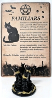 New Witchs' Familiars Metal Info Sign & Triple Egyptian Mau Cats Resin Crystal Ball Stand | 7.8" x 11.75"