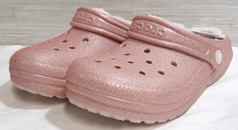 New Kids Size J3 CROCS Classic Lined Clogs Glitter Pink