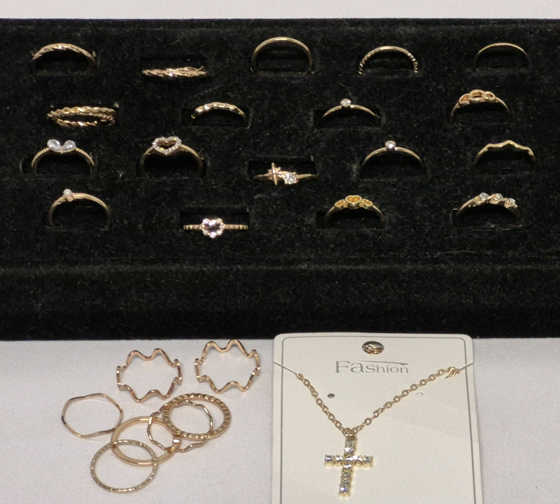 28 New Fun Rings Gold Tone & New Chain with Cross Pendant