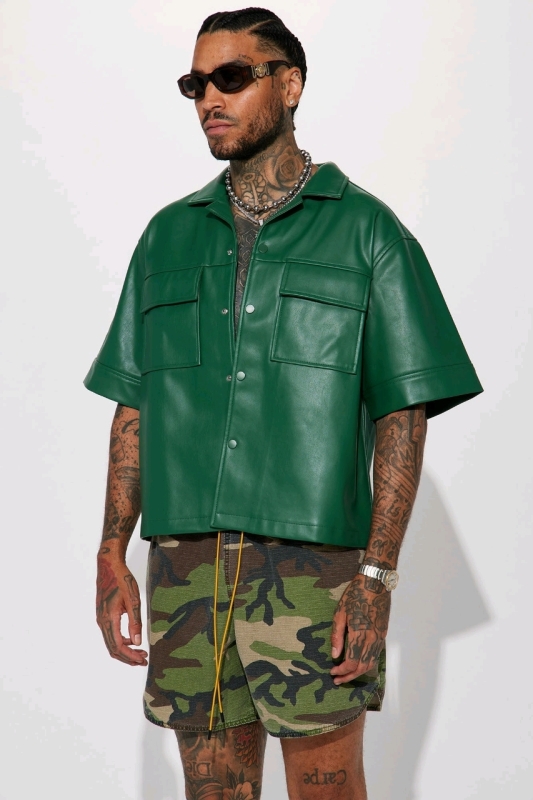 New Size Large | NOVA MEN High Stepper Faux Leather Button-Up Shirt &bull; Hunter Green | Retails Over $50