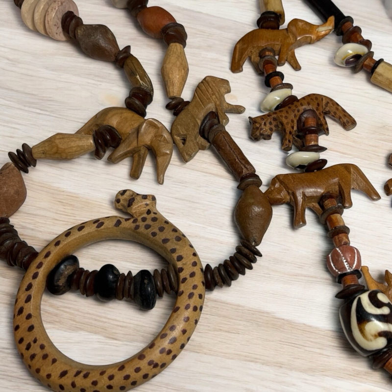 Two Vintage Chunky Hand Carved Wooden Safari African Animals Tribal Necklaces