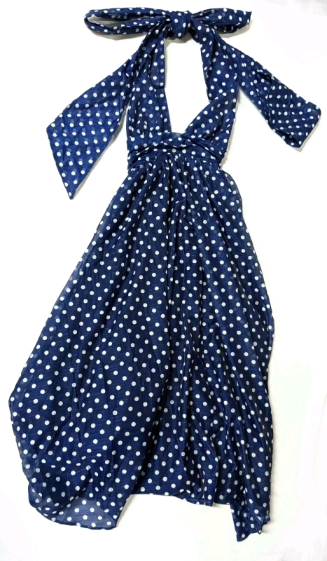 New Size Small (?) Blue & White Polka Dot Halter Neck Gauzy Maxi Dress with Lined Skirt & Zipper at Back