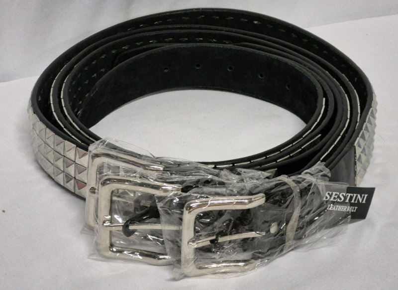 3 New Sestini Men's sz 36 Black Leather Belt with Silver Tone Pyramid Studs