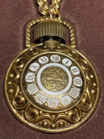 Vintage 1971 Avon Clock Medallion Pendant Perfume Bottle Necklace Foil Tag Original Box