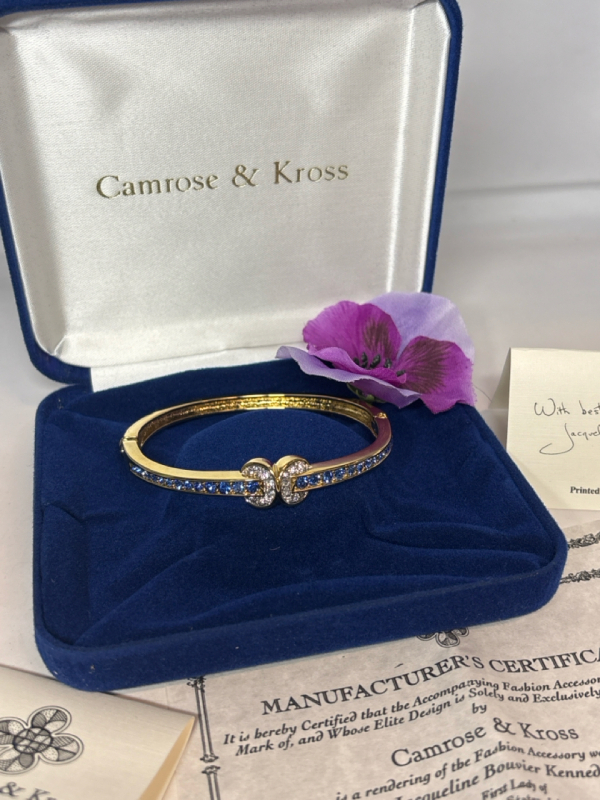 Jacqueline Kennedy Simulated Diamond & Ceylon Sapphire Hinged Bangle Bracelet Stamped Logo Box & Certification