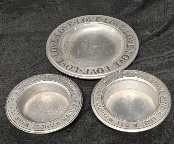 Set of Wilton Columbia Pewter Wine Bowls & Plate Engraved