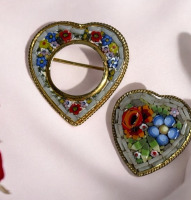 Italian Micro Mosaic Heart Brooch & Open Micro Mosaic Heart Brooch