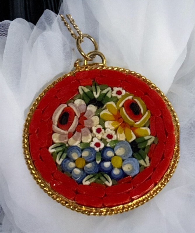 Vintage Italian Micro Mosaic Pendant Red Necklace Stamped Made In Italy