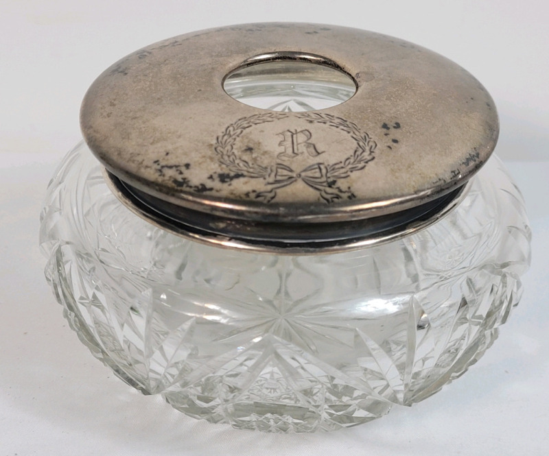 Vintage BIRKS Sterling & Crystal Dresser Jar . Measures 2 7/8" tall & 4 3/8" diameter