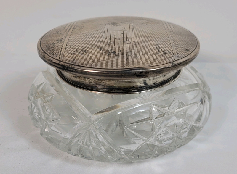 Vintage 1940 Birmingham Sterling & Crystal Dresser Jar . Measures 2.5" tall & 4 3/4" diameter