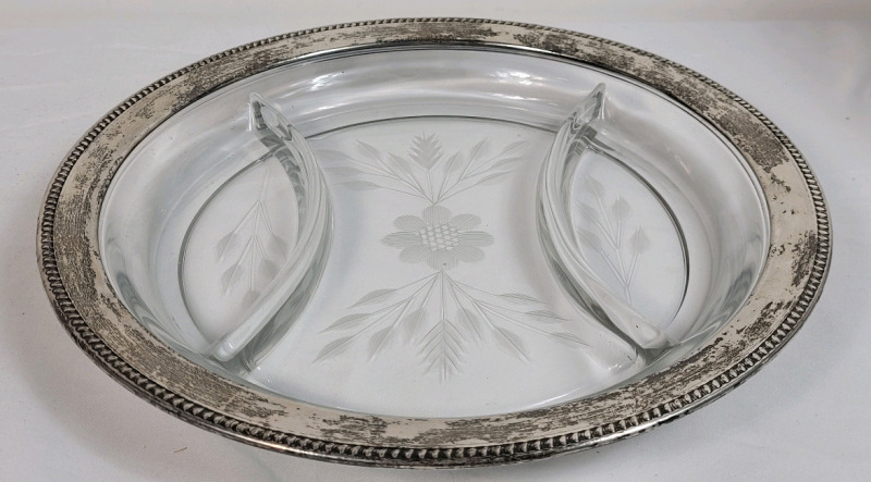 Vintage Etched Divided Dish w/International Sterling Rim . Measures 10" diameter