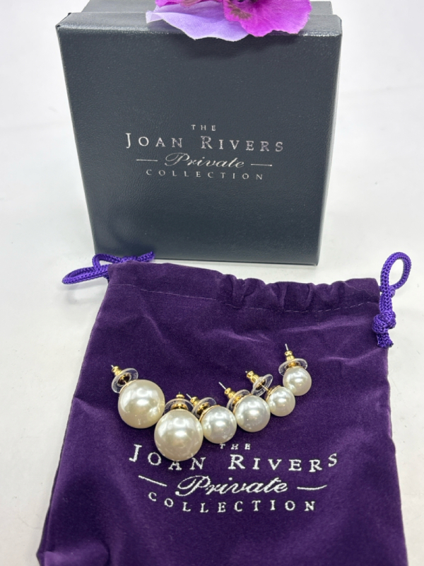 New Set of 3 vintage Joan Rivers White Faux Pearl Stud Earrings Boxed Logo Bag & Box 3 Sizes