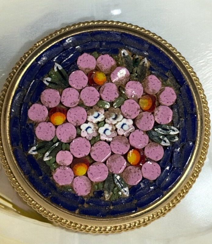 Vintage Italy Micro Mosaic Glass Circle Floral Brooch Unique Navy Lilac Stamped Made In Italy