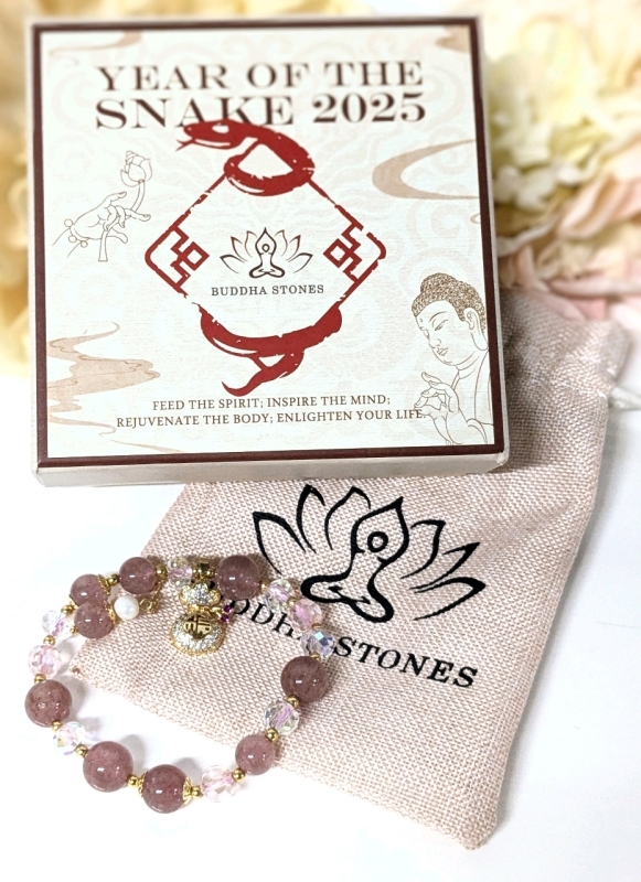 New BUDDHA STONES Natural Strawberry Quartz Crystal Money Bag Charm Positivity Expansion Bracelet