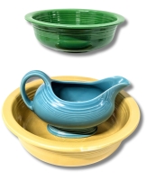 FIESTA WARE USA Yellow Bowl (9.5"D x 3"H), Green Bowl (8.5"D x 2.8") & Gravy Boat (4.75" Tall)