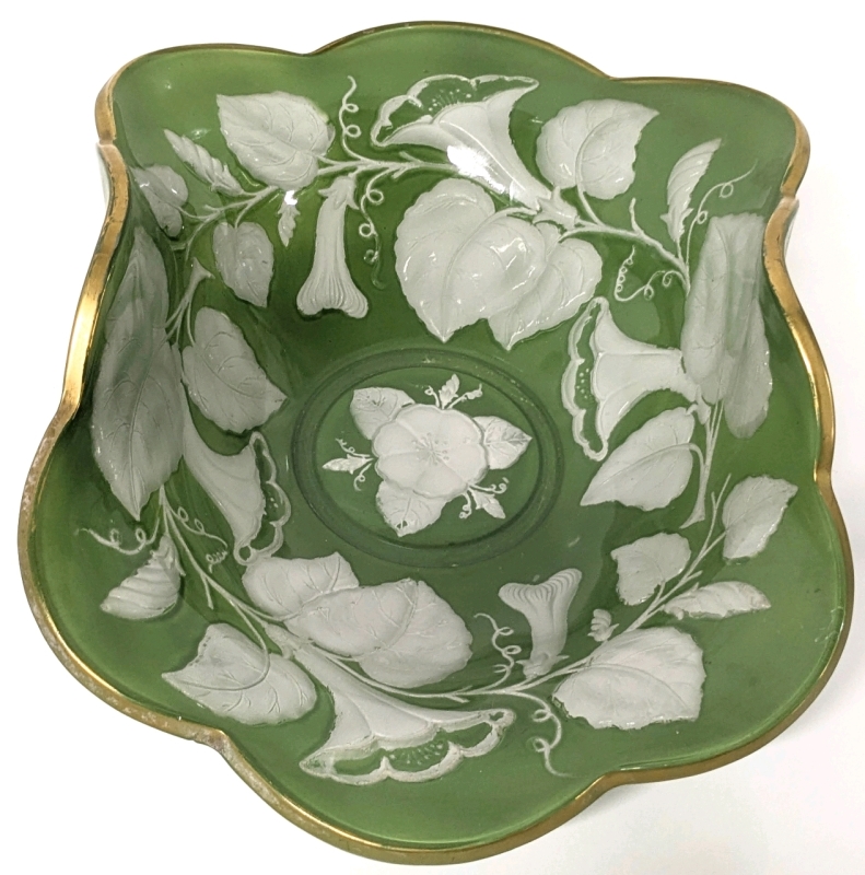 Rare Vintage Intaglio Green & White Glass Morning Glories Console Bowl with Gold Trim • 12.5" x 7.5" x 4.75" Tall