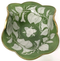 Rare Vintage Intaglio Green & White Glass Morning Glories Console Bowl with Gold Trim &bull; 12.5" x 7.5" x 4.75" Tall