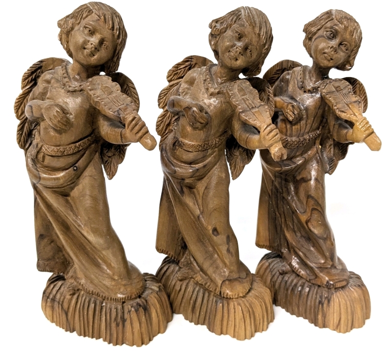 3 Vintage Hand-Carved Wooden Violinist Angels • 7.2" Tall ea