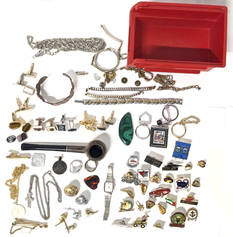 Assorted Men's Treasures : Pipe, Lapel Pins, Cufflinks, Tie Pins, Colorado Sales Tax Coin, Penny Open-Cuff Bracelet & More
