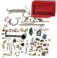 Assorted Men's Treasures : Pipe, Lapel Pins, Cufflinks, Tie Pins, Colorado Sales Tax Coin, Penny Open-Cuff Bracelet & More