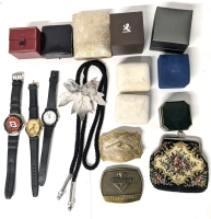 Vintage Ronald McDonald, Timex & NASCAR Dale Earnhardt Watches, Signed Maple Leaf Bolo Tie, 2 Belt Buckles, Stitch Art Coin Purse & 9 Empty Ring Boxes incl Birks & Cartier