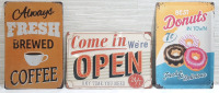 3 New Diner Themed Metal Signs - 12"x8"