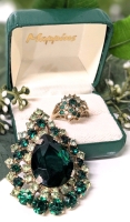 Gorgeous 14K G.E. ESPO Size 6 Ring with Eye-Catching Emerald Green Glass Teardrop Brooch with 2 Brightly Glowing Uranium Glass Rhinestones at Top