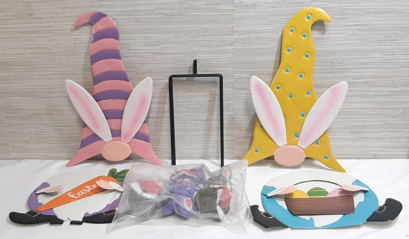 New Easter Themed Metal Garden Gnome Stands & Three Rubber Bunny Figures