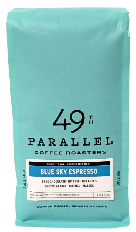 New 49th PARALLEL Coffee Roasters | Whole Bean Small Batch BLUE SKY Espresso &bull; Dark Chocolate, Intense, Molasses &bull; Dark Roast | 340g