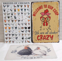 New Chicken Themed Metal Signs - 12"x8"