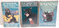 3 New Black Cat Metal Signs - 12"x8"