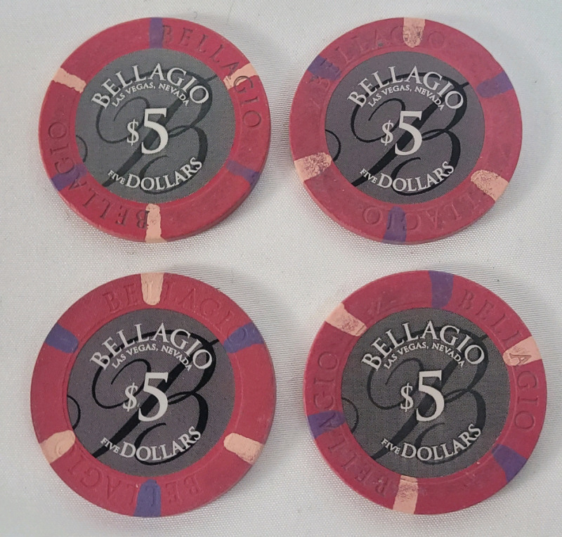 Four (4) 2008 BELLAGIO Las Vagas Nevada $5 Five Dollar Casino Chips . Can Still be redeem for face value .